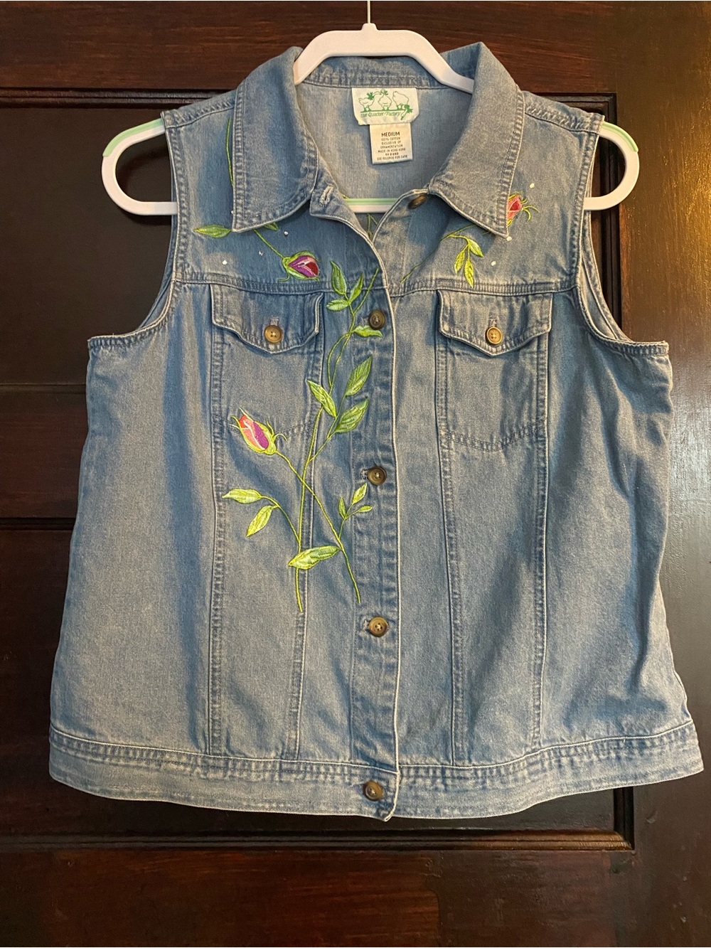 Vintage Quacker Factory Embroidered Rose Denim Vest - Rhinestone Accents Size M